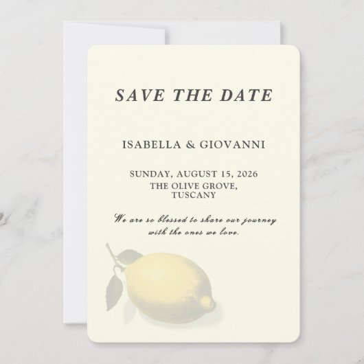 Elegant Yellow Lemon Tuscany Wedding Save The Date 招待状 (正面)