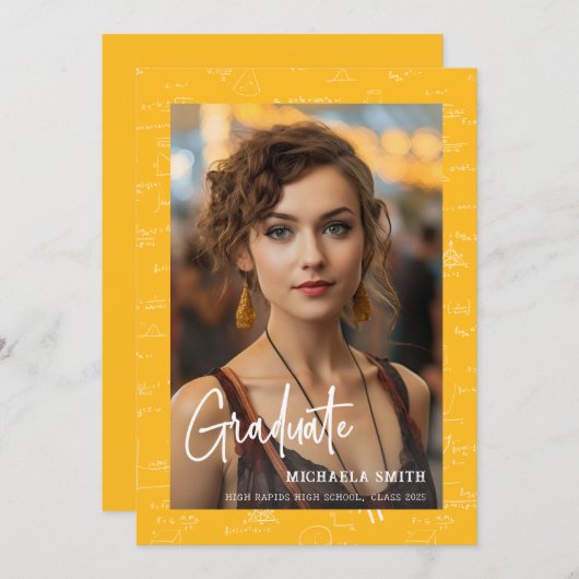 Elegant Yellow Math Script Photo Graduate 案内状 (正面/裏面)