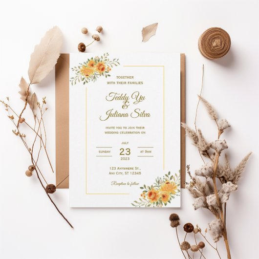 Elegant Yellow Orange Floral Wedding Invitation 招待状