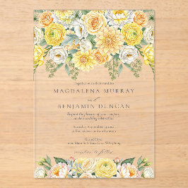 Elegant Yellow Peach & Sage Green Floral Wedding アクリル招待状