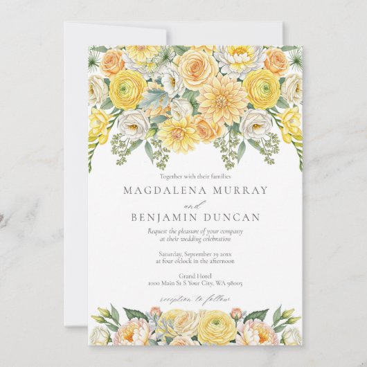Elegant Yellow Peach & Sage Green Floral Wedding 招待状 (正面)