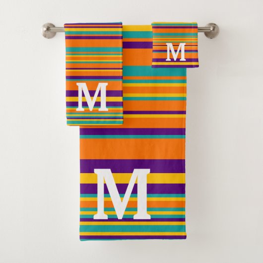 Elegant yellow purple and orang stripes monogram バスタオルセット (インサイチュ)