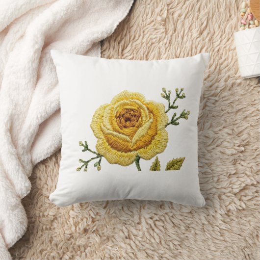 Elegant Yellow Rose Faux Embroidery Throw Pillow クッション (ブランケット)