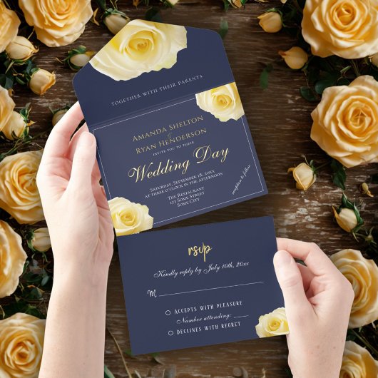 Elegant Yellow Rose Floral Wedding オールインワン招待状