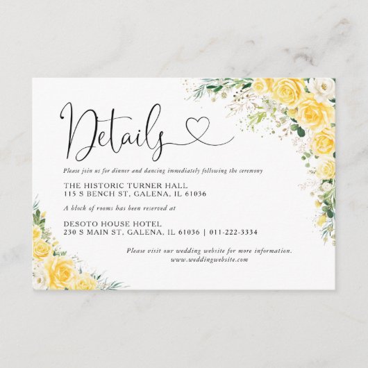 Elegant Yellow Wedding Details Card エンクロージャーカード (正面)