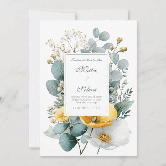 Elegant Yellow White Poppy Eucalyptus Watercolor 招待状 (正面)