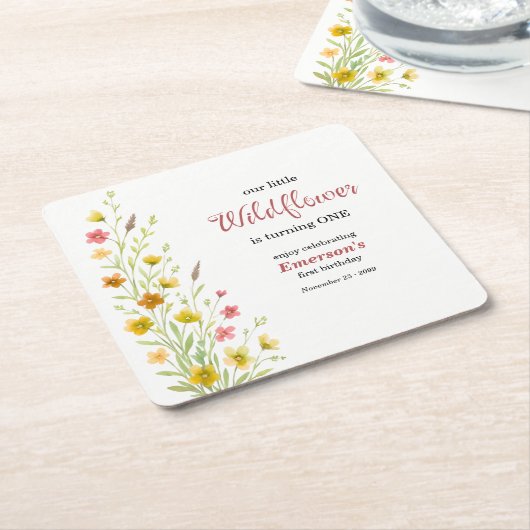 Elegant Yellow Wildflower 1st Birthday Party スクエアペーパーコースター (アングル)
