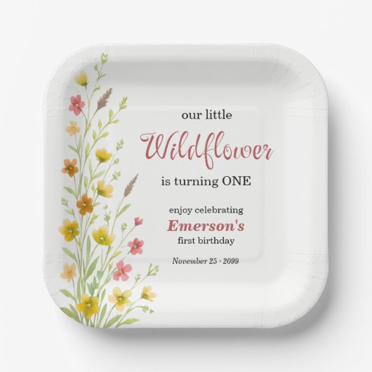 Elegant Yellow Wildflower 1st Birthday Party ペーパープレート (正面)