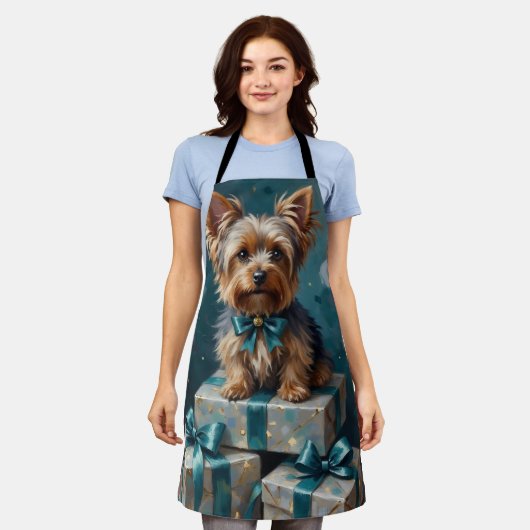 Elegant Yorkshire Terrier Dog Holiday Gift Stack エプロン (着用した状態)
