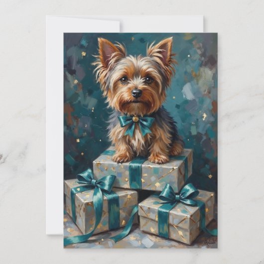 Elegant Yorkshire Terrier Dog Holiday Gift Stack シーズンカード (正面)