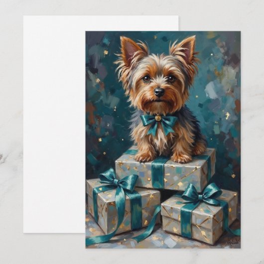 Elegant Yorkshire Terrier Dog Holiday Gift Stack シーズンカード (正面/裏面)