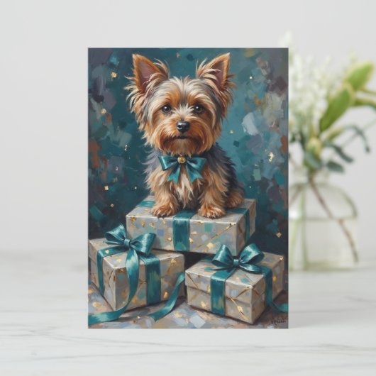 Elegant Yorkshire Terrier Dog Holiday Gift Stack シーズンカード (スタンド正面)