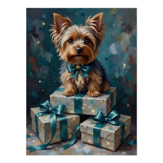 Elegant Yorkshire Terrier Dog Holiday Gift Stack ポスター (正面)