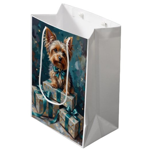 Elegant Yorkshire Terrier Dog Holiday Gift Stack ミディアムペーパーバッグ (正面アングル)