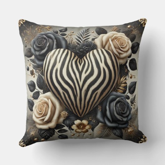 Elegant Zebra Print Heart & Roses クッション (裏面)
