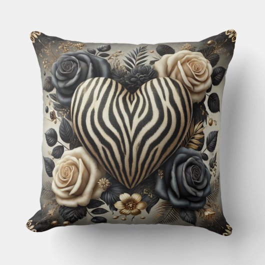 Elegant Zebra Print Heart & Roses クッション (正面)