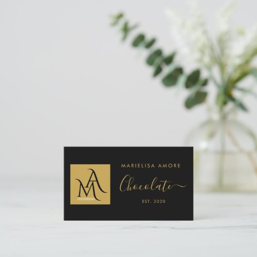 ElegantBlack Gold Script Logo Chocolate Branding 名刺 (スタンド正面)