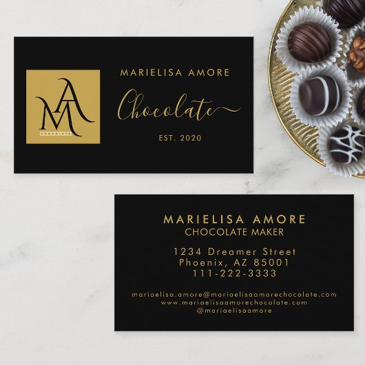ElegantBlack Gold Script Logo Chocolate Branding 名刺