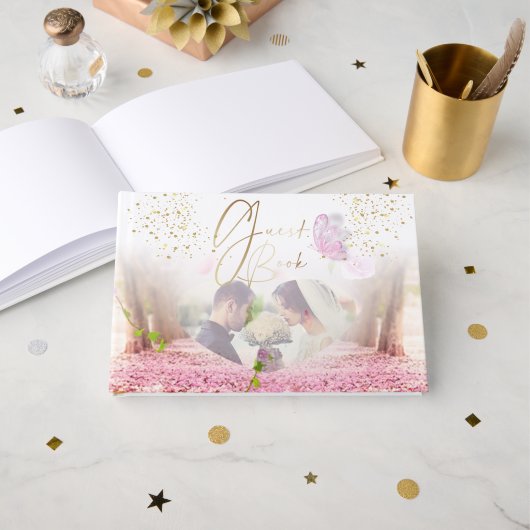 elegante de bodas y compromiso con flores y brillo ゲストブック (正面見開き)