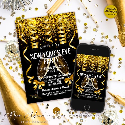 Elegante Gläser für Champagner in Gold zu Silveste 招待状