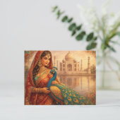 Elegante indische Frau mit prachtvollem Pfau ポストカード (スタンド正面)