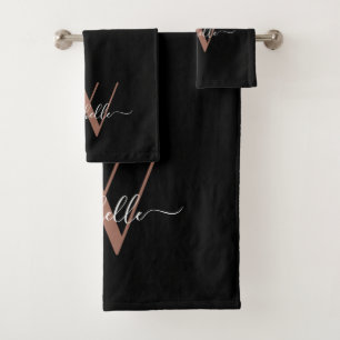 Elegante Rose Gold Black Monogram Name Script バスタオルセット