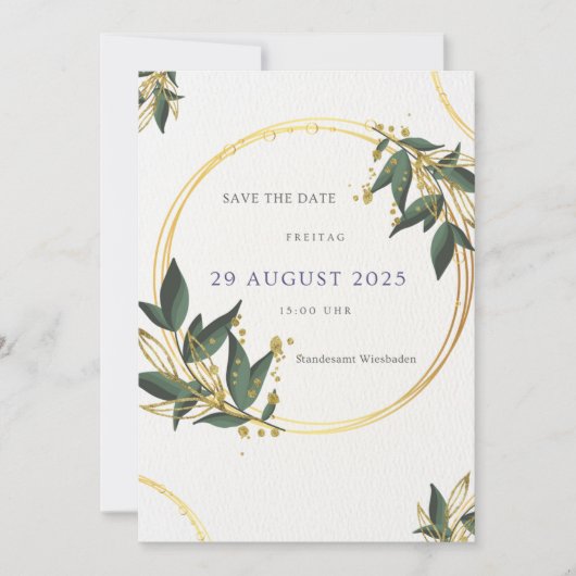 Elegante Save the Date Karte – Gold & Grün 招待状 (正面)