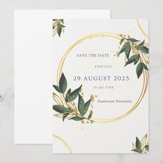 Elegante Save the Date Karte – Gold & Grün 招待状 (正面/裏面)