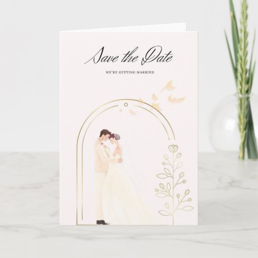 Elegante Save the Date Karte im Goldbogen mit Brau カード (正面)