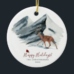 Elegent Christmas Winter Mountain Scene Photo セラミックオーナメント<br><div class="desc">トナカイエレガントと赤い（鳥）ショウジョウコウカンチョウの鳥で飾られたクリスマスの雪の山のシーン。個人カスタマイズ情報を簡単に作成して、背面の写真を含む独自の情報。今季の家族や友人のための理想的なハッピーホリデーの贈り物と記念品。</div>