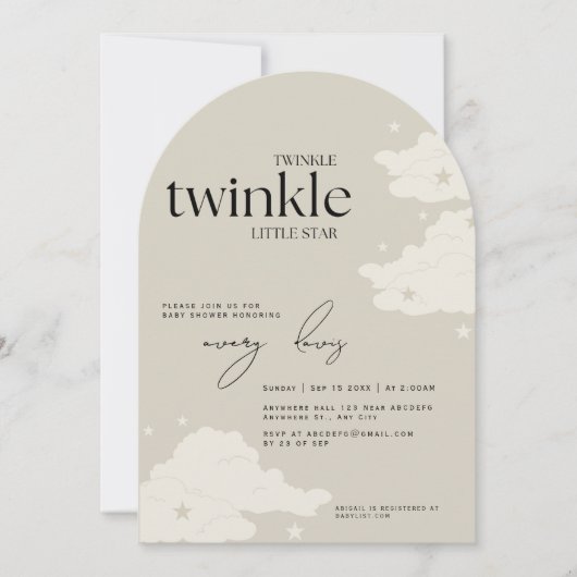 Elegent Twinkle Twinkle Little Star Baby Shower 招待状 (正面)