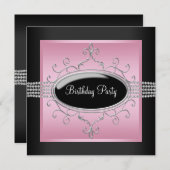 Elegnatピンクブラックバースデーパーティ招待状 招待状 (正面/裏面)