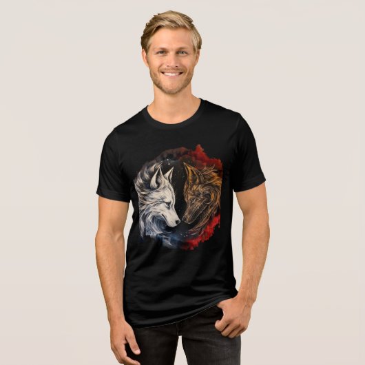 Elemental Wolves – Fire & Ice Spirit Art トライブレンドTシャツ (正面全面)
