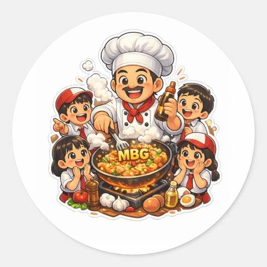 elementary school kids chef family cooking cartoon ラウンドシール (正面)