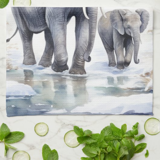 Elephant and Baby キッチンタオル (折り畳み)