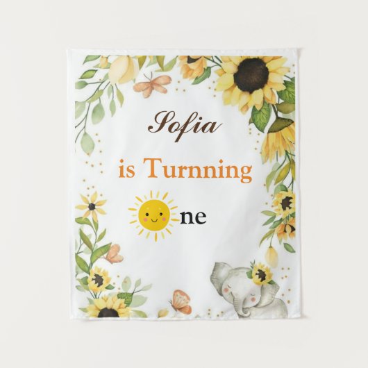 Elephant and Sunflower Animal First Birthday タペストリー (正面)