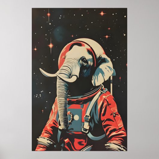 Elephant Astronaut Poster, Elephant Retro Print ポスター (正面)