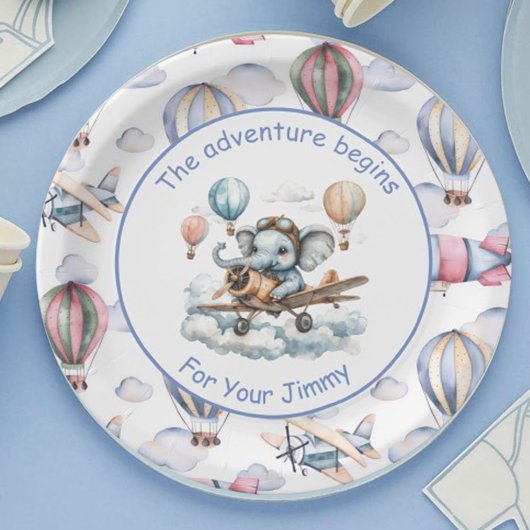 Elephant Aviator Baby Shower Paper Plates ペーパープレート