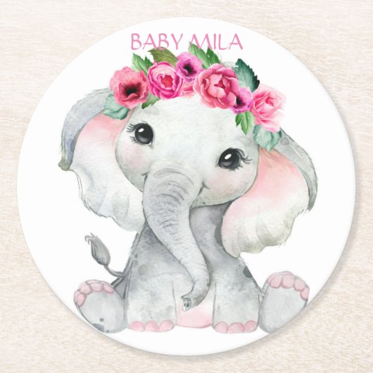 Elephant Baby Shower ラウンドペーパーコースター (正面)