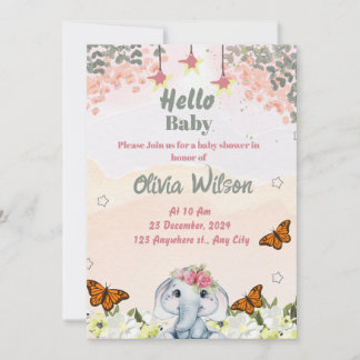 Elephant Baby Shower Invitation for Baby Girl 招待状