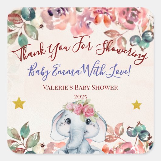 Elephant Baby Shower Thank you sticker スクエアシール (正面)