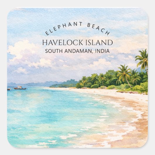 Elephant Beach Watercolor – Andaman Keepsake Gift スクエアシール (正面)