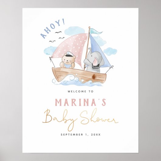 Elephant & Bear Sailboat Baby Shower Welcome Sign ポスター (正面)