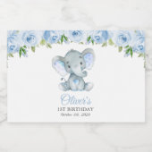 Elephant, Blue Watercolor Flowers, First Birthday スパークリングワインラベル (シングルラベル)
