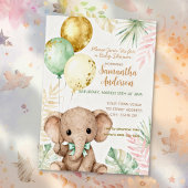 Elephant Brown Sage Green Balloons Baby Shower 箔招待状
