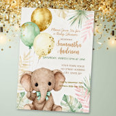 Elephant Brown Sage Green Balloons Baby Shower 箔招待状