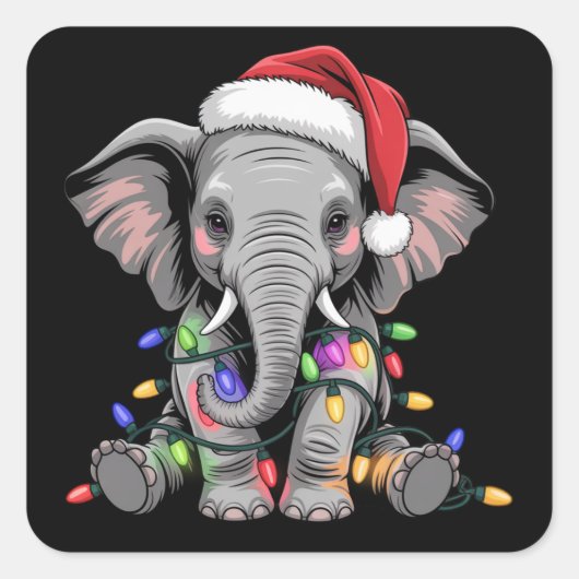 Elephant Christmas Lights Xmas Holiday Wild Animal スクエアシール (正面)