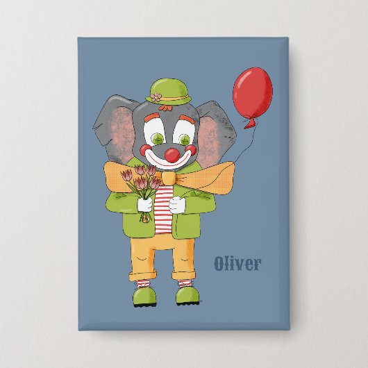 Elephant Clown Kid Blue Rectangular Button 缶バッジ (正面)