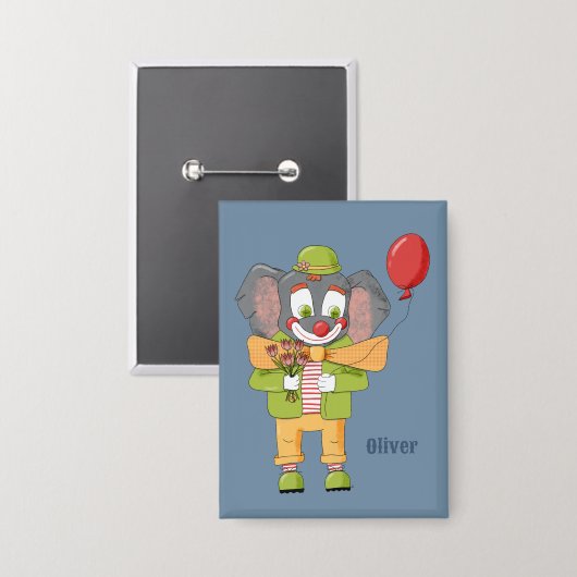 Elephant Clown Kid Blue Rectangular Button 缶バッジ (正面/裏面)