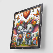 Elephant Couple Floral Crown スクエア壁時計 (傾斜)